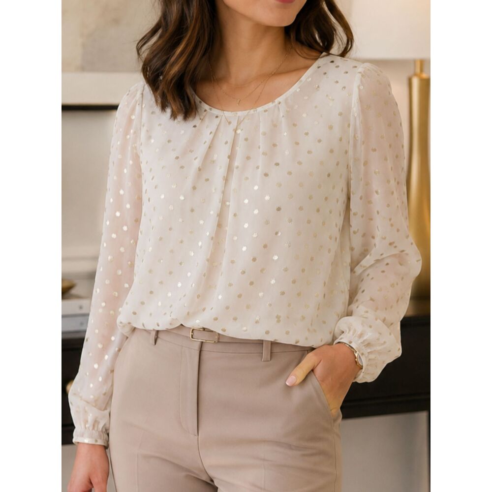 Maison Jules Ivory Gold Metallic Polka Dot Sheer Blouse Long Sleeve Small Women